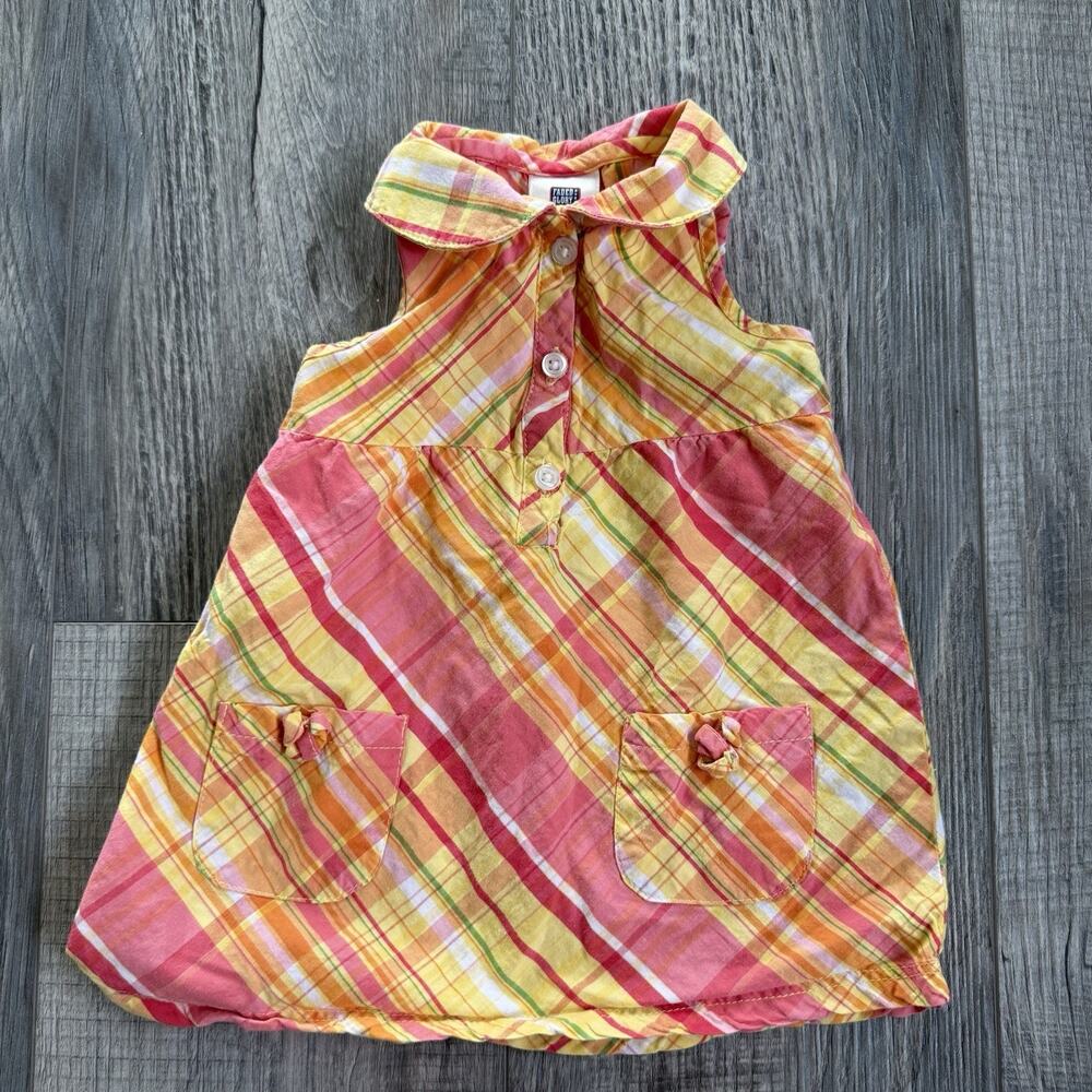 Vtg Plaid Dress 6-9 Months Y2K Pink Yellow Button Up Collared Baby Girl Summer